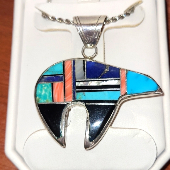 Glen Sandoval Navajo Art GS Sterling Turquoise Onyx Spirit Bear Pendant Necklace